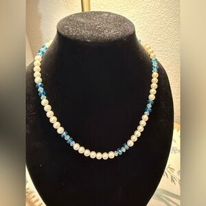 Elegant Pearl and Blue Bead Necklace